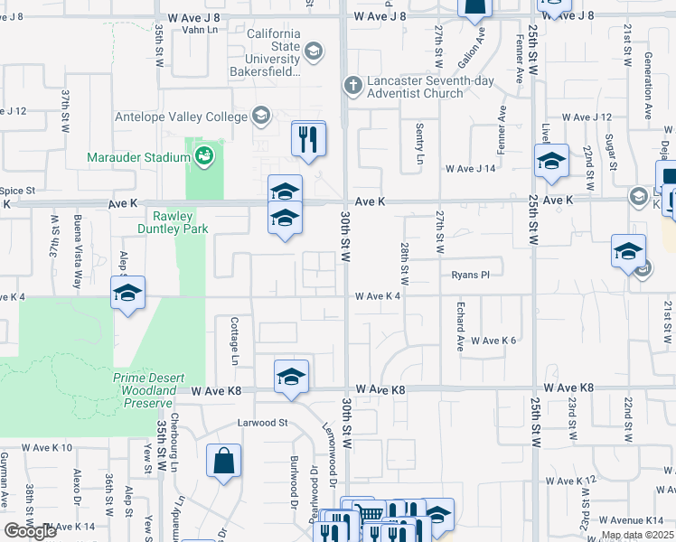map of restaurants, bars, coffee shops, grocery stores, and more near 43437 30th Street West in Lancaster