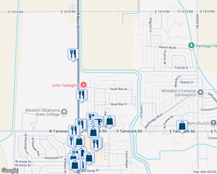 map of restaurants, bars, coffee shops, grocery stores, and more near 308 Pheasant Circle in Altus