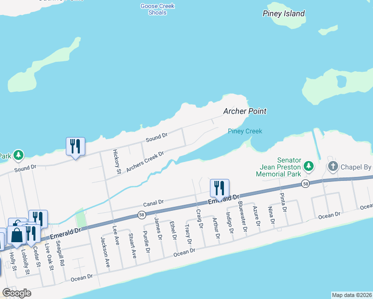 map of restaurants, bars, coffee shops, grocery stores, and more near 7201 Archers Creek Drive in Emerald Isle
