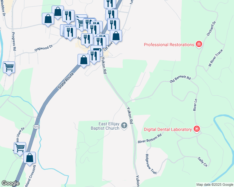 map of restaurants, bars, coffee shops, grocery stores, and more near Yukon Road in Ellijay