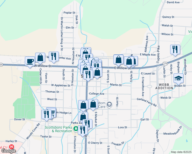 map of restaurants, bars, coffee shops, grocery stores, and more near in Scottsboro