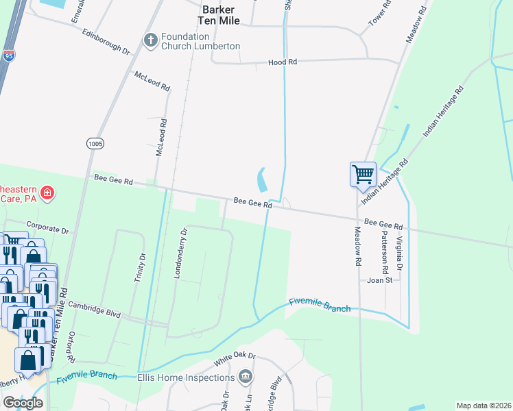 map of restaurants, bars, coffee shops, grocery stores, and more near 608 Bee Gee Road in Lumberton