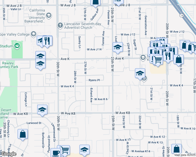 map of restaurants, bars, coffee shops, grocery stores, and more near 2527 Ryans Place in Lancaster