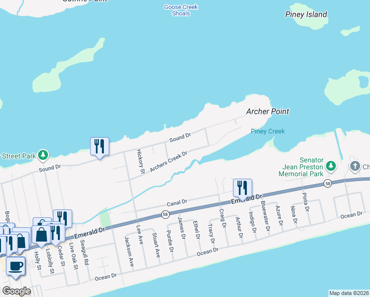 map of restaurants, bars, coffee shops, grocery stores, and more near 7216 Archers Creek Drive in Emerald Isle