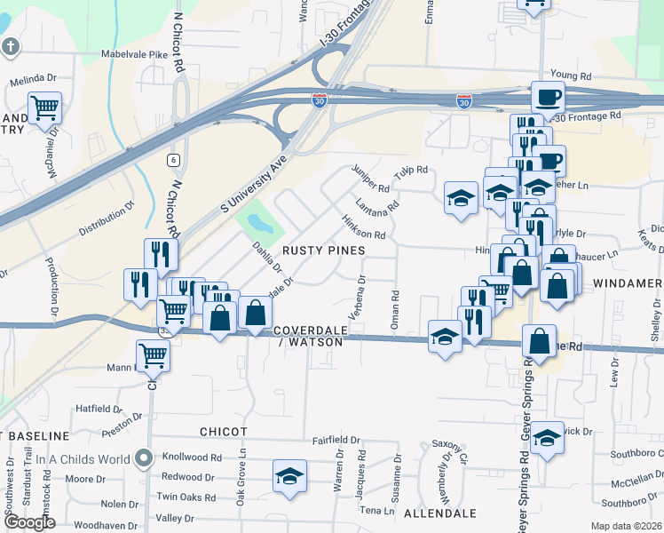 map of restaurants, bars, coffee shops, grocery stores, and more near 6900 Dahlia Drive in Little Rock