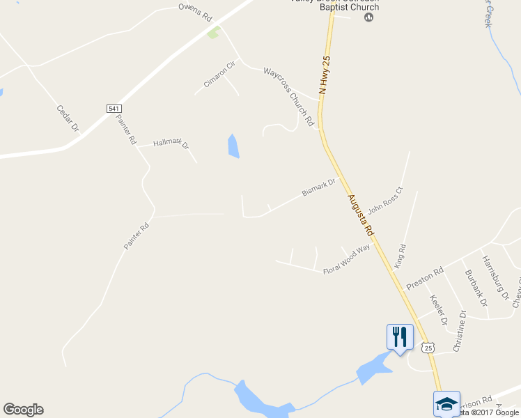 map of restaurants, bars, coffee shops, grocery stores, and more near 122 Bismark Drive in Pelzer