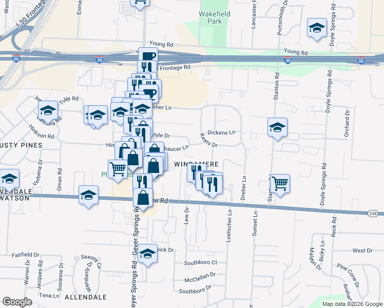 map of restaurants, bars, coffee shops, grocery stores, and more near 5609 Chaucer Lane in Little Rock