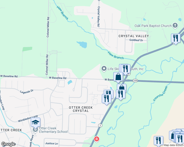map of restaurants, bars, coffee shops, grocery stores, and more near 15 Southern Hills Circle in Little Rock