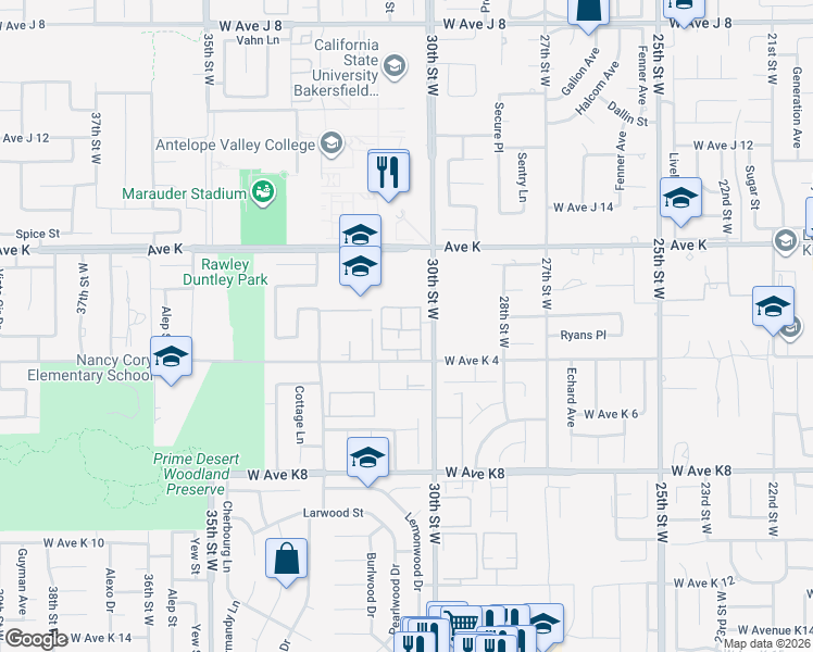 map of restaurants, bars, coffee shops, grocery stores, and more near 43457 30th Street West in Lancaster