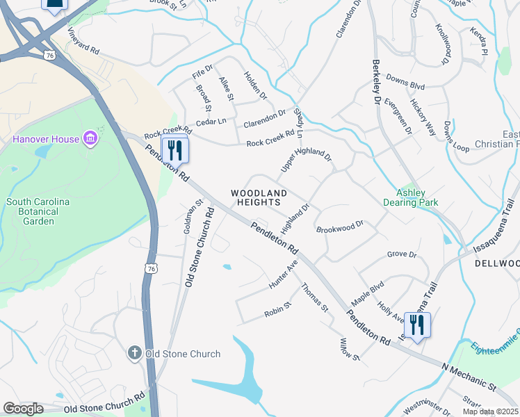 map of restaurants, bars, coffee shops, grocery stores, and more near 108 Gregory Street in Clemson