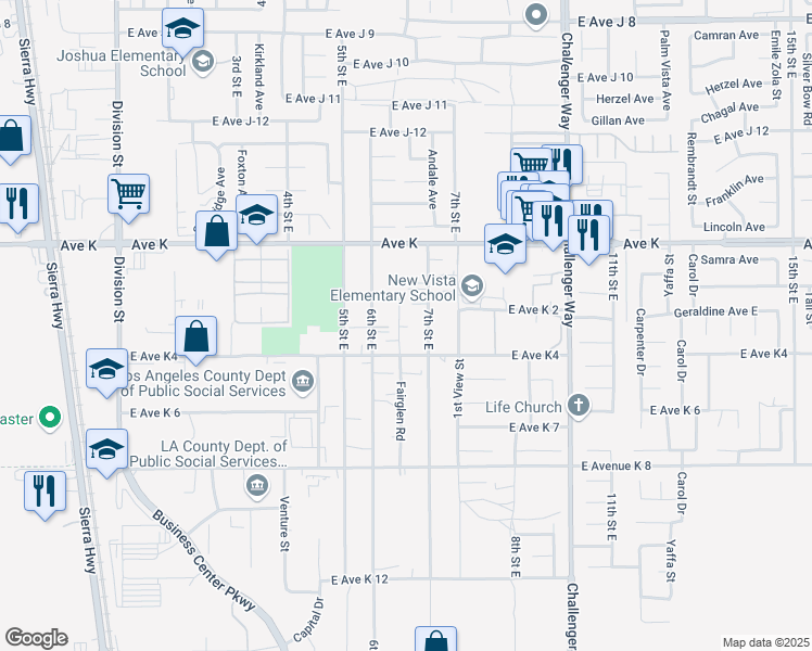 map of restaurants, bars, coffee shops, grocery stores, and more near 4 Avenue K-4 in Lancaster