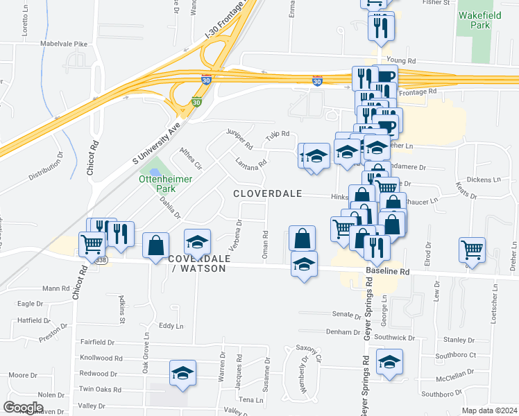 map of restaurants, bars, coffee shops, grocery stores, and more near 6605 Verbena Drive in Little Rock