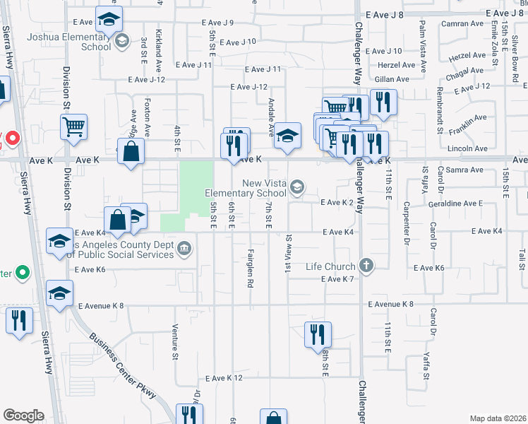 map of restaurants, bars, coffee shops, grocery stores, and more near 43433 7th Street East in Lancaster