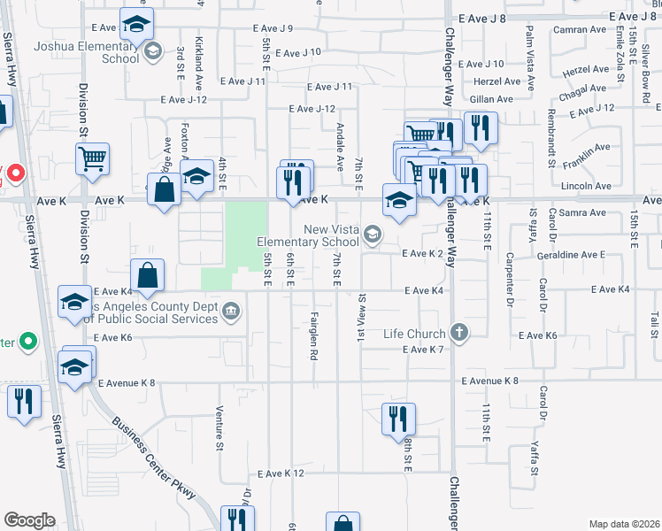 map of restaurants, bars, coffee shops, grocery stores, and more near 43433 7th Street East in Lancaster