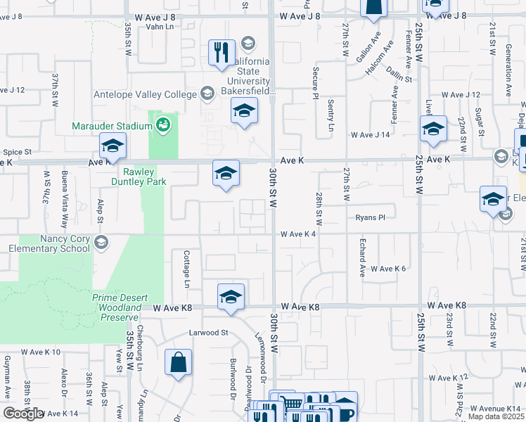 map of restaurants, bars, coffee shops, grocery stores, and more near 43467 30th Street West in Lancaster