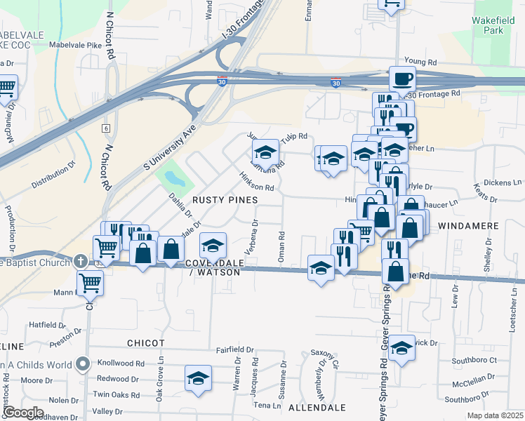 map of restaurants, bars, coffee shops, grocery stores, and more near 6701 Verbena Drive in Little Rock
