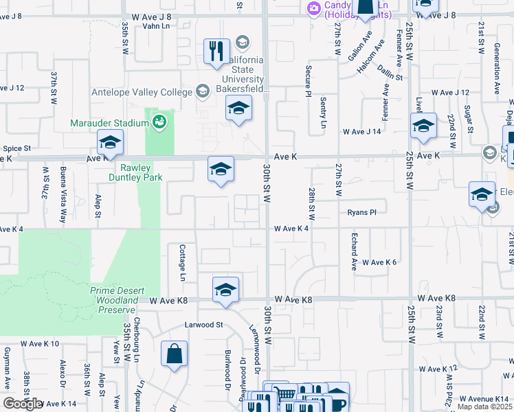 map of restaurants, bars, coffee shops, grocery stores, and more near 43483 30th Street West in Lancaster