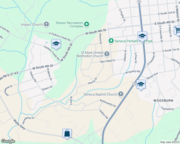 map of restaurants, bars, coffee shops, grocery stores, and more near 615 Pinecrest Drive in Seneca