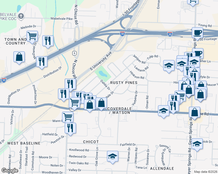 map of restaurants, bars, coffee shops, grocery stores, and more near 7012 Dahlia Drive in Little Rock