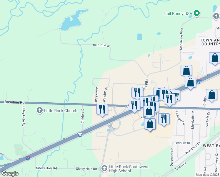 map of restaurants, bars, coffee shops, grocery stores, and more near 8611 Winston Drive in Little Rock