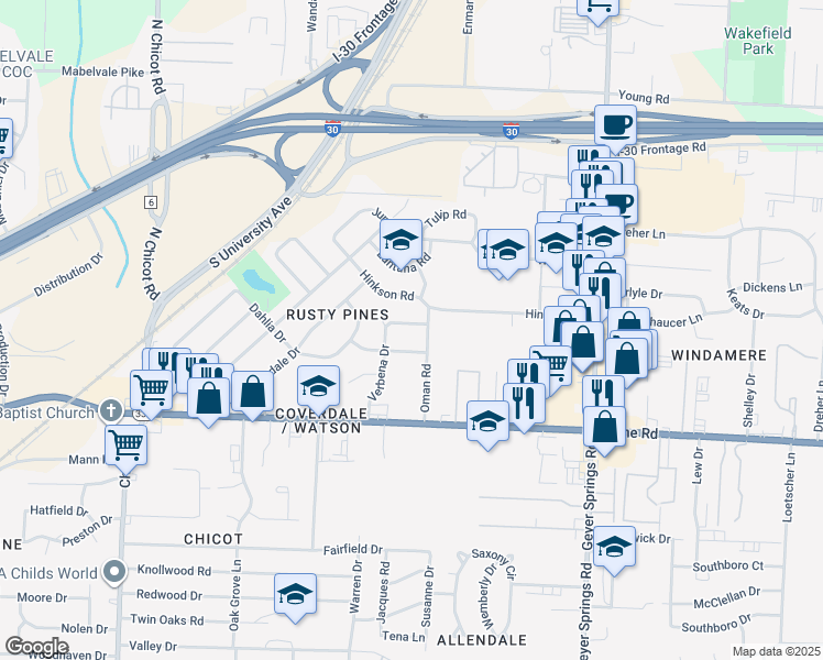 map of restaurants, bars, coffee shops, grocery stores, and more near 6701 Verbena Drive in Little Rock