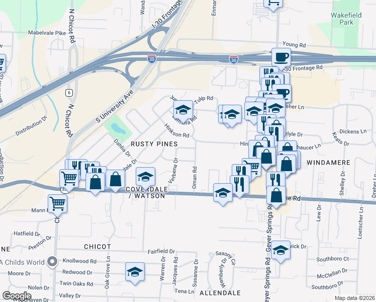 map of restaurants, bars, coffee shops, grocery stores, and more near 6701 Verbena Drive in Little Rock
