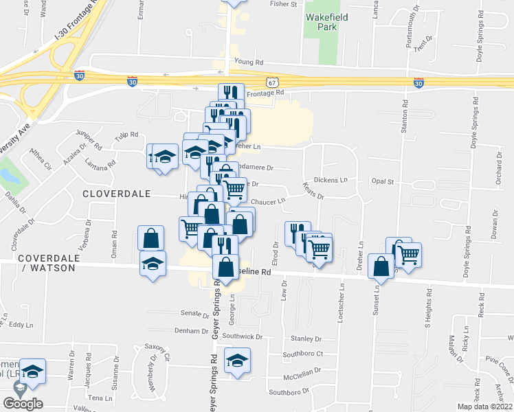 map of restaurants, bars, coffee shops, grocery stores, and more near 5803 Chaucer Lane in Little Rock