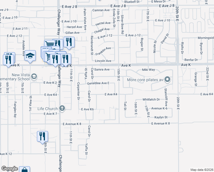 map of restaurants, bars, coffee shops, grocery stores, and more near 43435 Emilia Lane in Lancaster