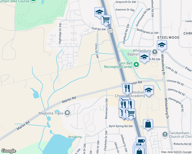 map of restaurants, bars, coffee shops, grocery stores, and more near 110 Springtime Boulevard Southwest in Huntsville