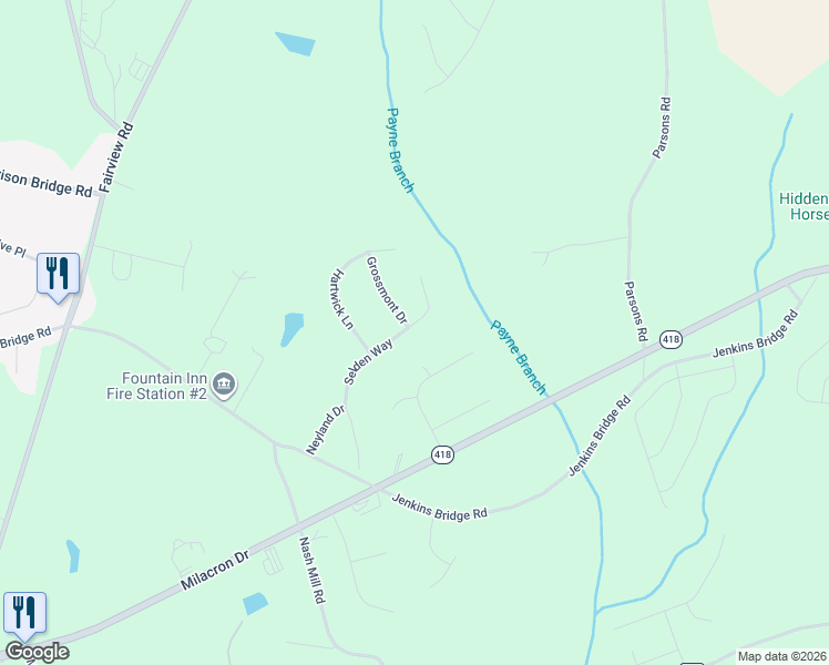 map of restaurants, bars, coffee shops, grocery stores, and more near 300 Selden Way in Fountain Inn