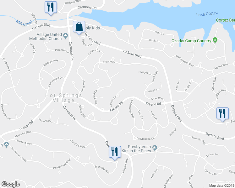 map of restaurants, bars, coffee shops, grocery stores, and more near 1 Carballo Place in Hot Springs Village