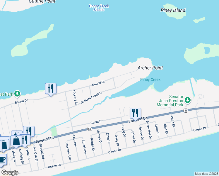 map of restaurants, bars, coffee shops, grocery stores, and more near 7204 Archers Creek Drive in Emerald Isle