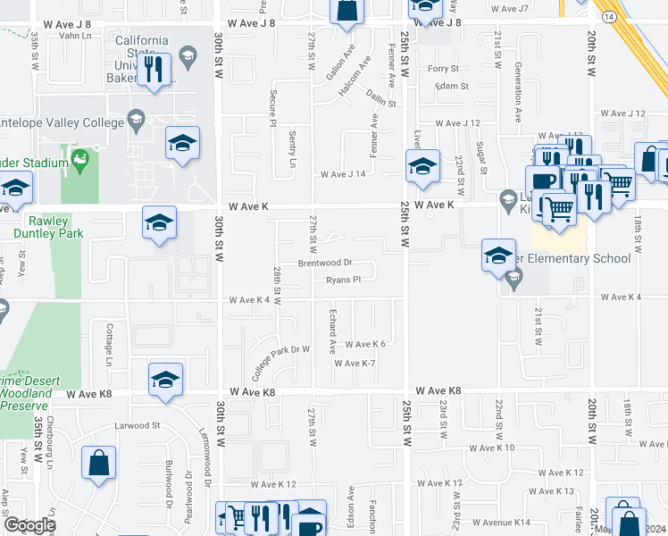 map of restaurants, bars, coffee shops, grocery stores, and more near 2626 Brentwood Drive in Lancaster