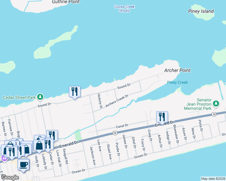 map of restaurants, bars, coffee shops, grocery stores, and more near 405 Ridge Road in Emerald Isle
