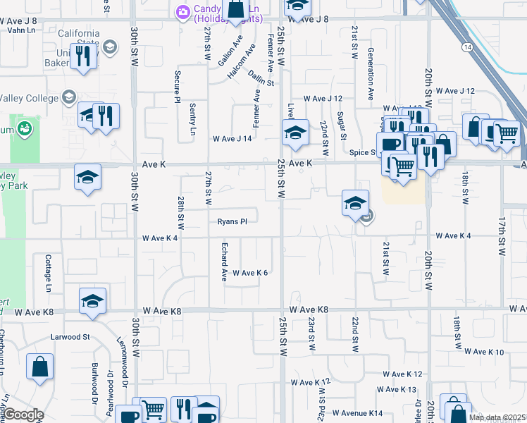 map of restaurants, bars, coffee shops, grocery stores, and more near 43442 Wendy Way in Lancaster