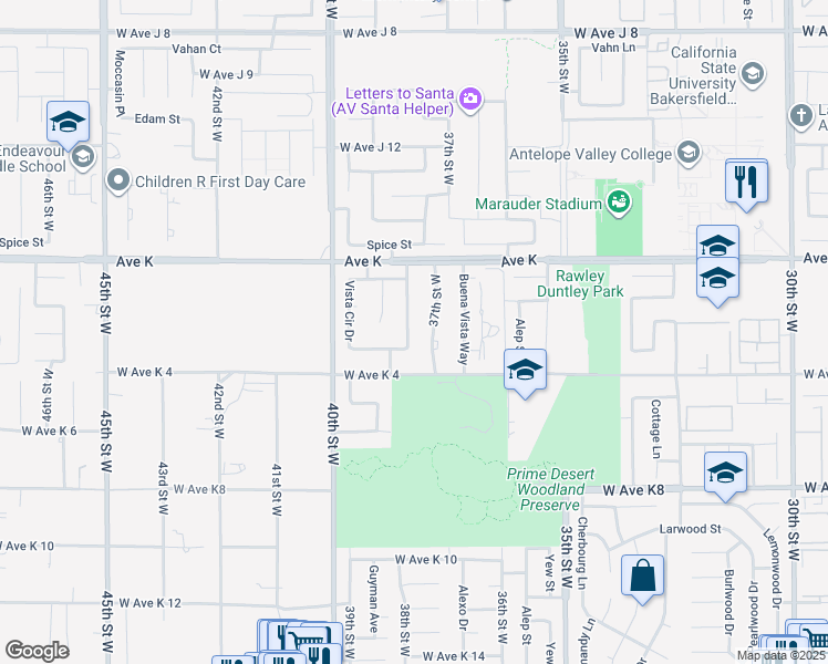map of restaurants, bars, coffee shops, grocery stores, and more near 43446 Sierra Vista Drive in Lancaster