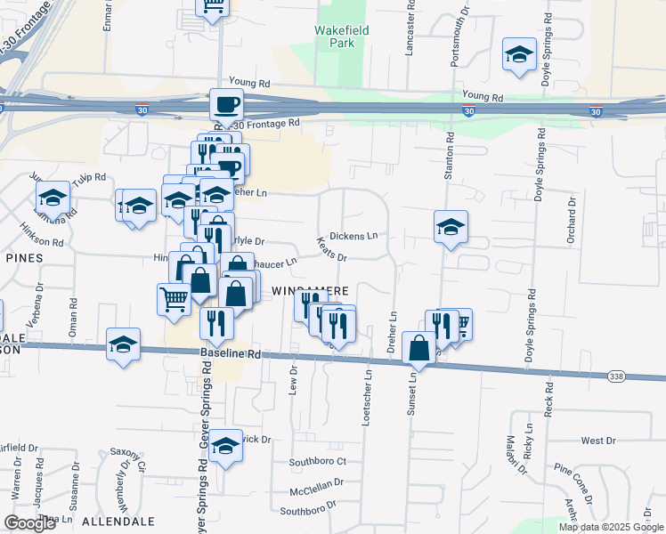 map of restaurants, bars, coffee shops, grocery stores, and more near 8404 Shelley Drive in Little Rock