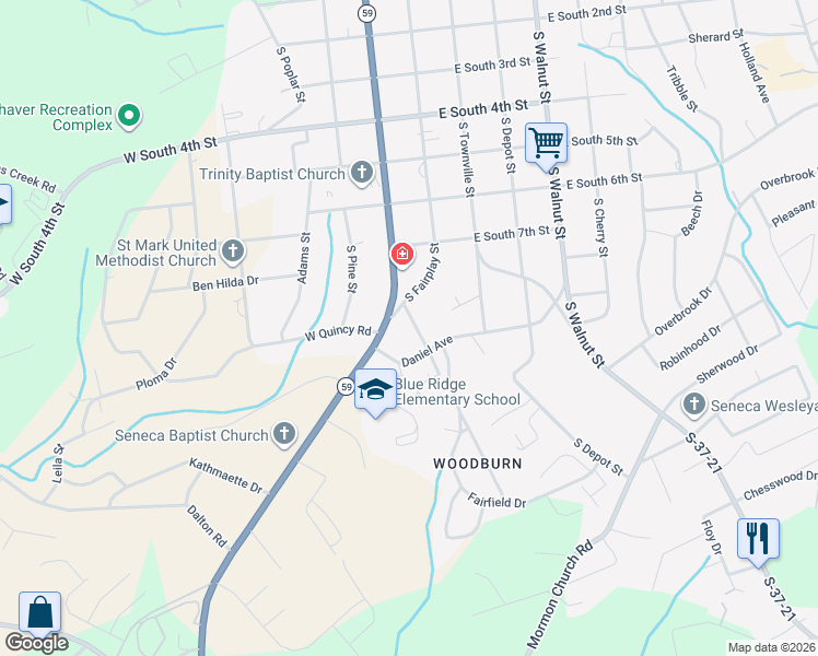 map of restaurants, bars, coffee shops, grocery stores, and more near 106 Monte Video Dr in Seneca