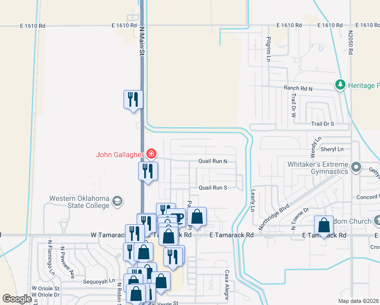 map of restaurants, bars, coffee shops, grocery stores, and more near 308 Pheasant Cir in Altus