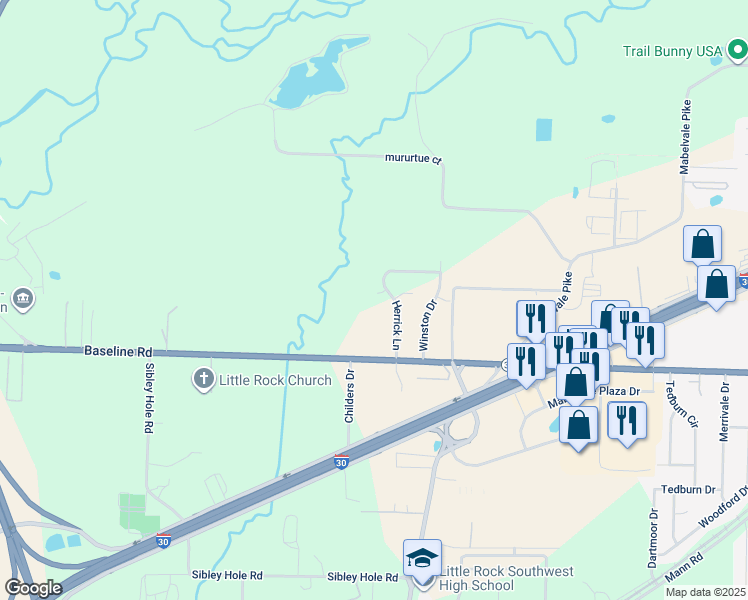 map of restaurants, bars, coffee shops, grocery stores, and more near 9423 McDonald Drive in Little Rock
