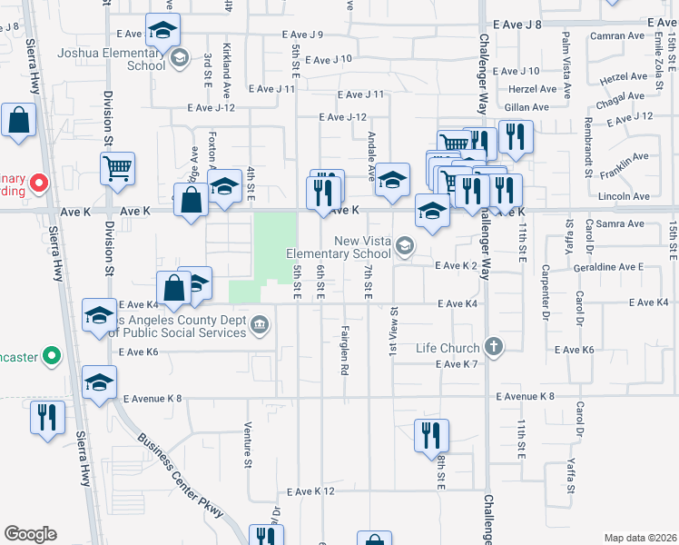map of restaurants, bars, coffee shops, grocery stores, and more near 43442 6th Street East in Lancaster