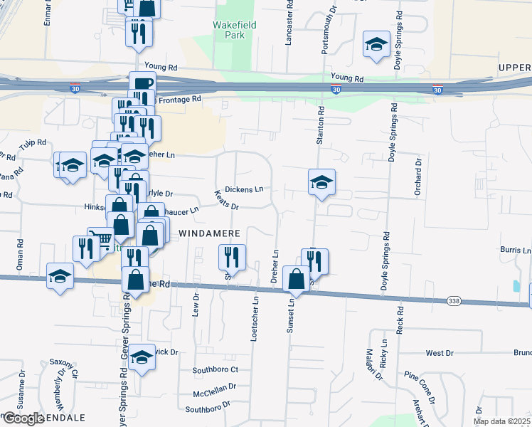 map of restaurants, bars, coffee shops, grocery stores, and more near 8406 Dreher Lane in Little Rock