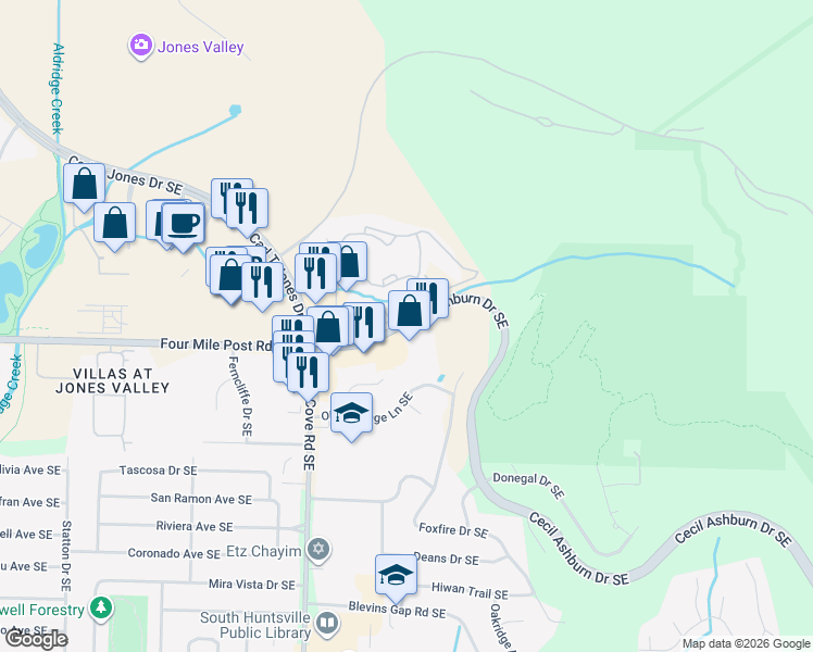map of restaurants, bars, coffee shops, grocery stores, and more near 2100 Cecil Ashburn Drive Southeast in Huntsville