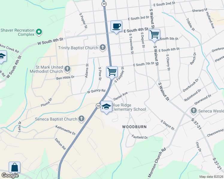 map of restaurants, bars, coffee shops, grocery stores, and more near 106 Monte Video Drive in Seneca