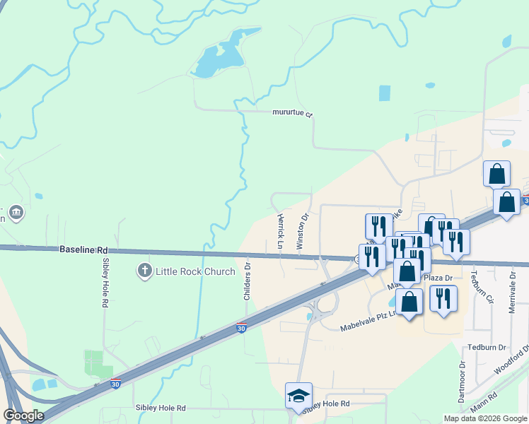 map of restaurants, bars, coffee shops, grocery stores, and more near 9423 McDonald Drive in Little Rock
