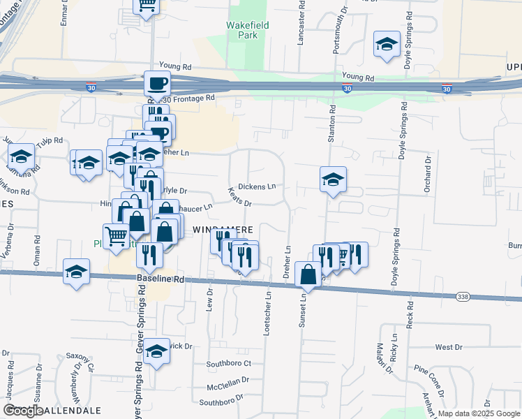 map of restaurants, bars, coffee shops, grocery stores, and more near 5305 Keats Drive in Little Rock
