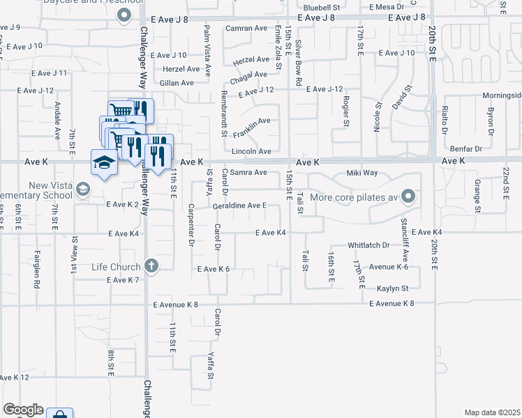 map of restaurants, bars, coffee shops, grocery stores, and more near 43441 Emilia Lane in Lancaster
