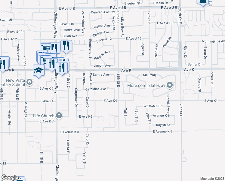 map of restaurants, bars, coffee shops, grocery stores, and more near 43443 Jennifer Lane in Lancaster