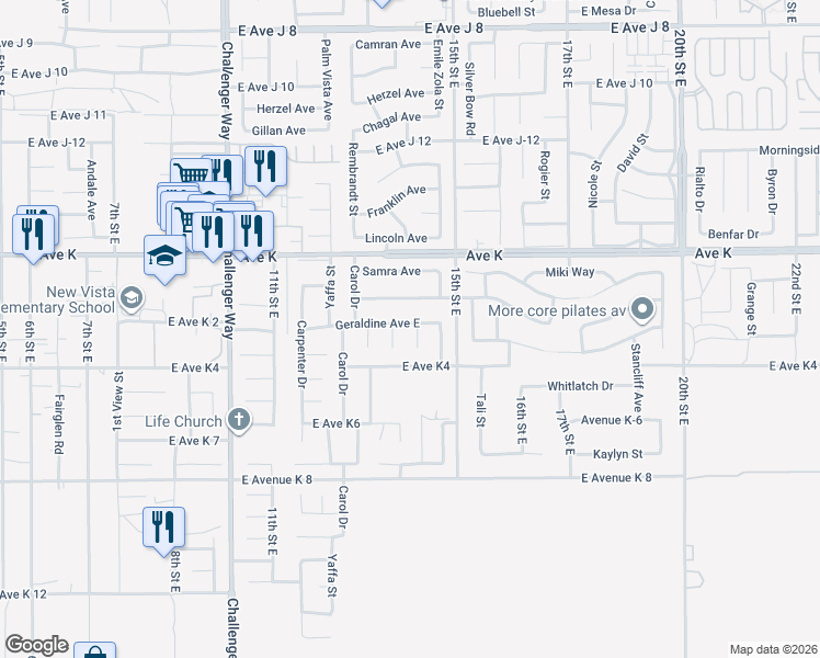 map of restaurants, bars, coffee shops, grocery stores, and more near 43435 Emilia Lane in Lancaster