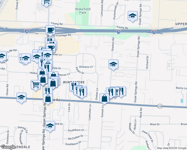 map of restaurants, bars, coffee shops, grocery stores, and more near 8406 Dreher Lane in Little Rock